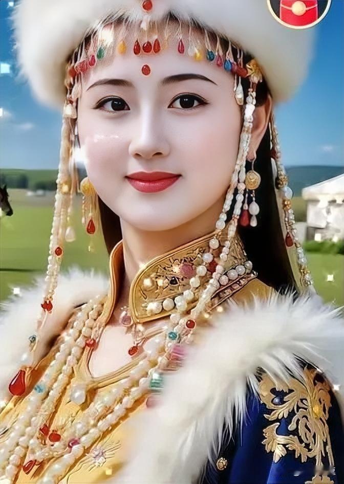 草原上的美丽公主，闪耀的珠宝与纯净的笑容相映成趣。