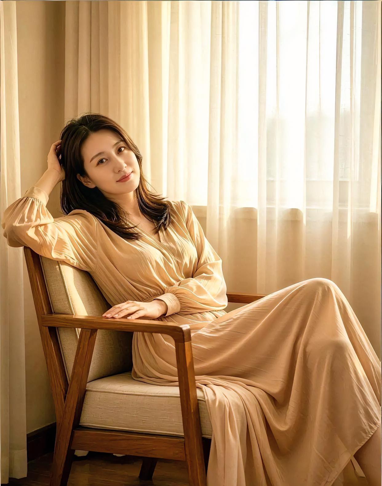《午后柔光》米色长裙，轻裹午后的慵懒，纱帘透进，暖光如金絮般柔软。倚