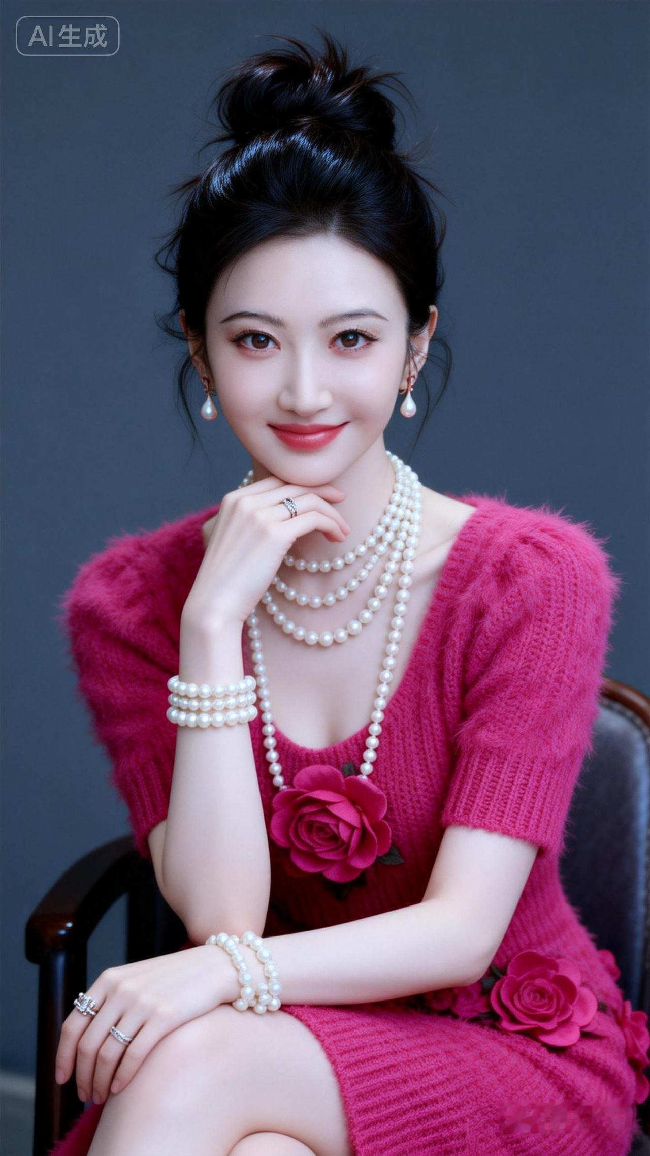 优雅红衣少女，珍珠项链点缀，甜美微笑，气质动人。