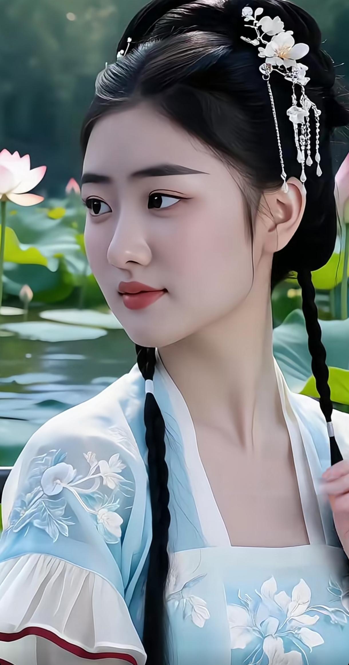 古风少女，花间漫步，粉荷映衬，梦回古代手机随手拍原创图片湖边汉服美人