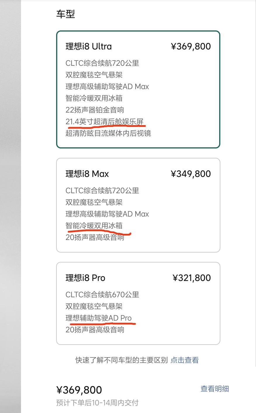 理想i8只有顶配才有二排大彩电，低配没冰箱这个SKU分布有点看不懂Pro版，