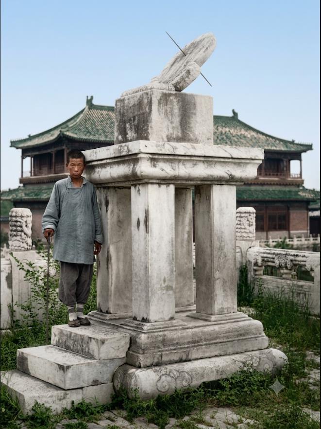 清末，北京紫禁城太和殿，一位底层值守太监靠在嘉量旁嘉量此刻石构件斑驳风化，顶部