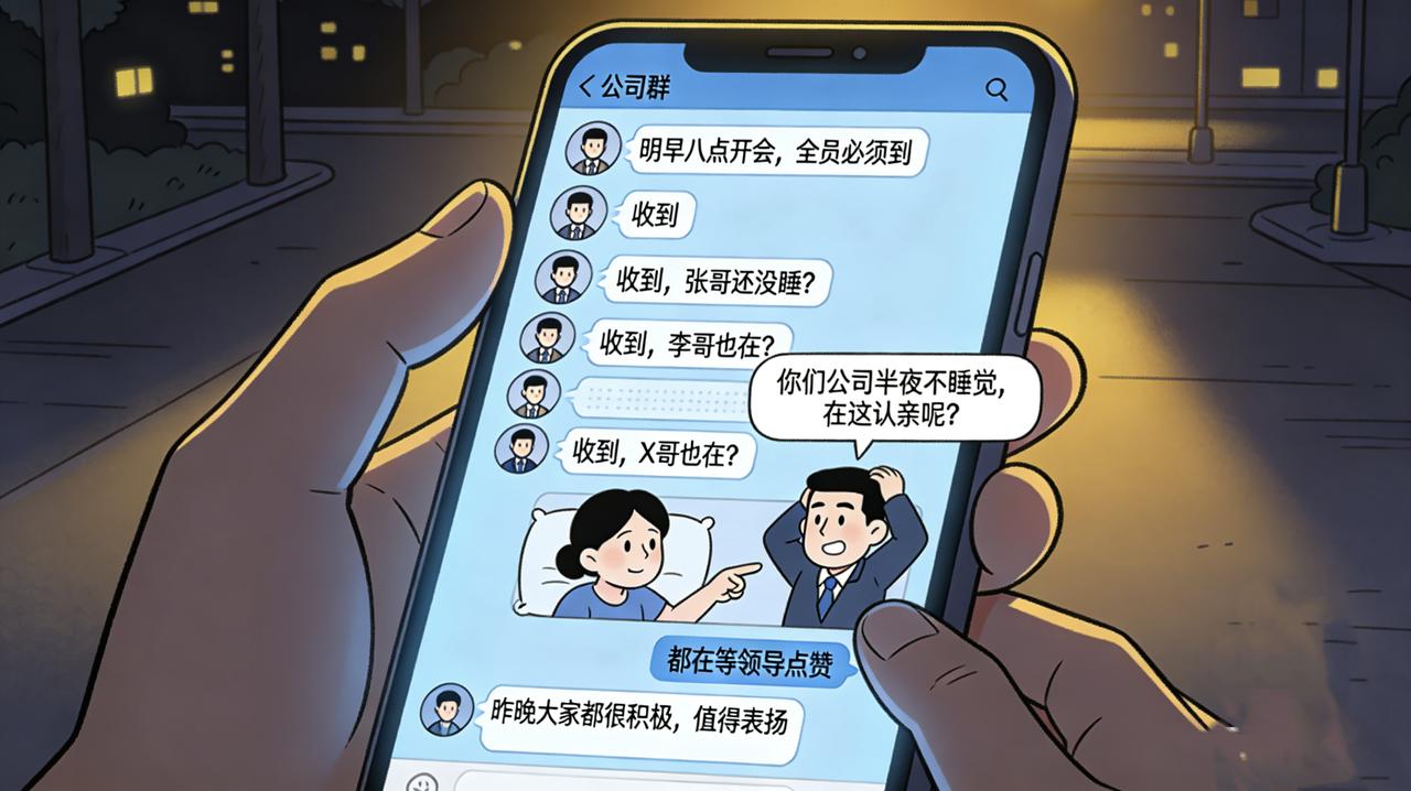 公司群夜里十点发消息：明早八点开会，全员必须到。老张回复：收到。五分钟后，新