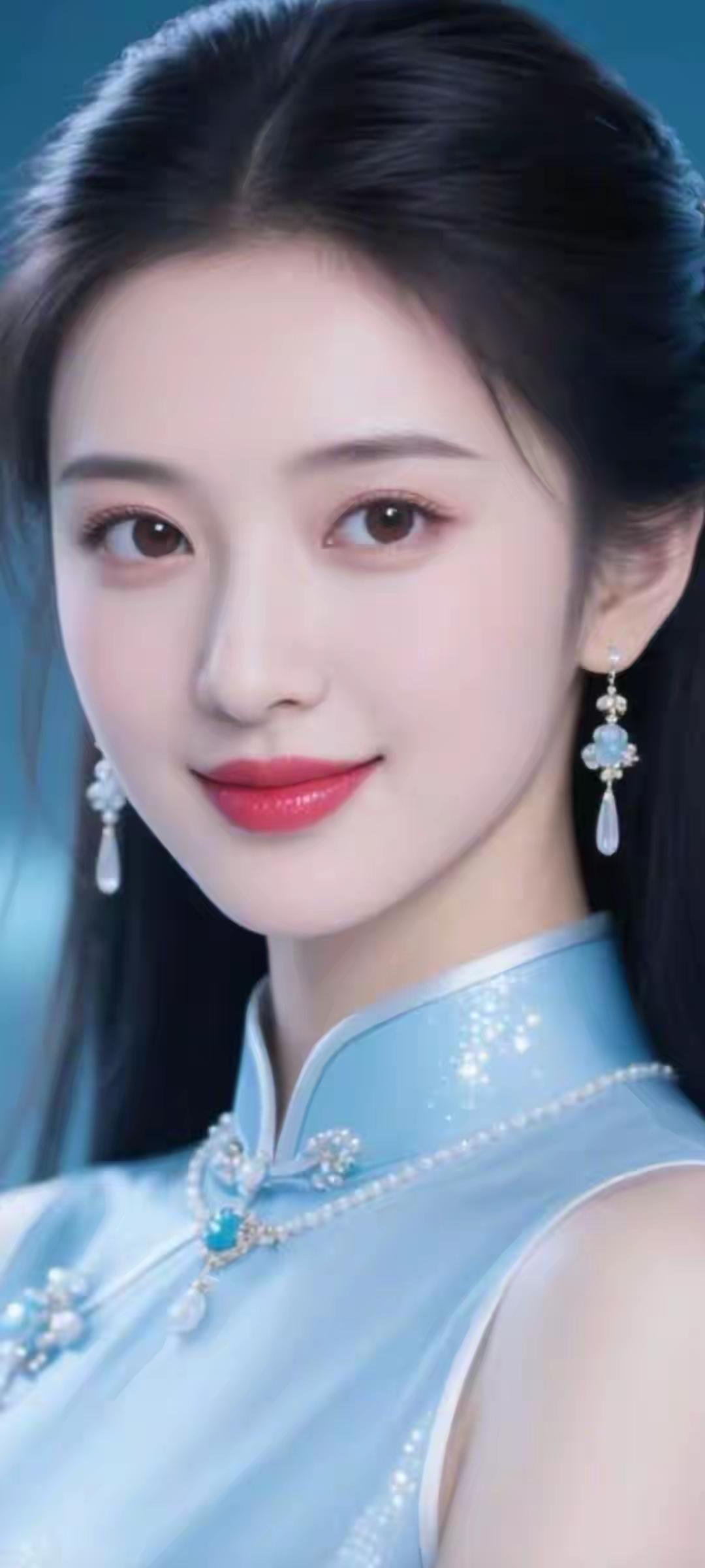 蓝色旗袍，珠宝闪耀，甜美微笑，美丽加芬