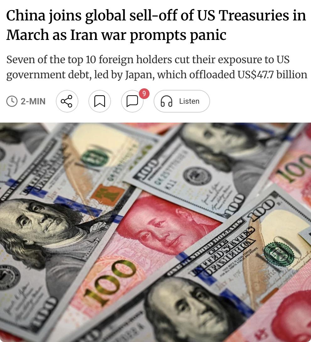 外媒：美国财政部数据显示，3月中国减持美国国债410亿美元，持仓从6933亿美元