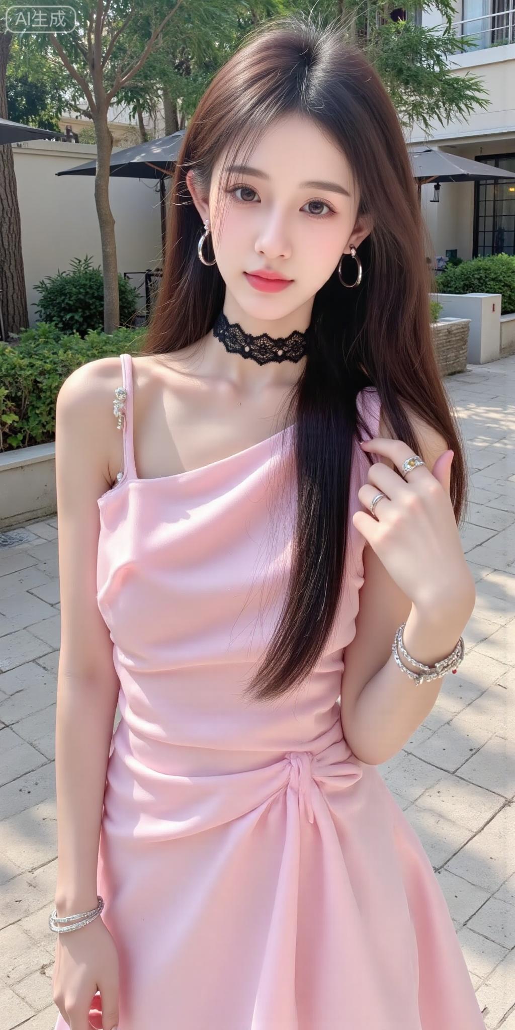 露台的柔粉系优雅少女粉缎裙裹着温柔光泽，蕾丝颈链又添了点甜酷反差~连庭院光