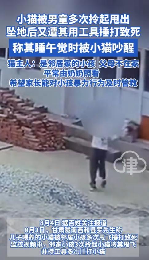 “太坏了！”8月3日，甘肃，一小男孩睡午觉被小猫吵醒，拎起小猫就往地上摔，不仅如