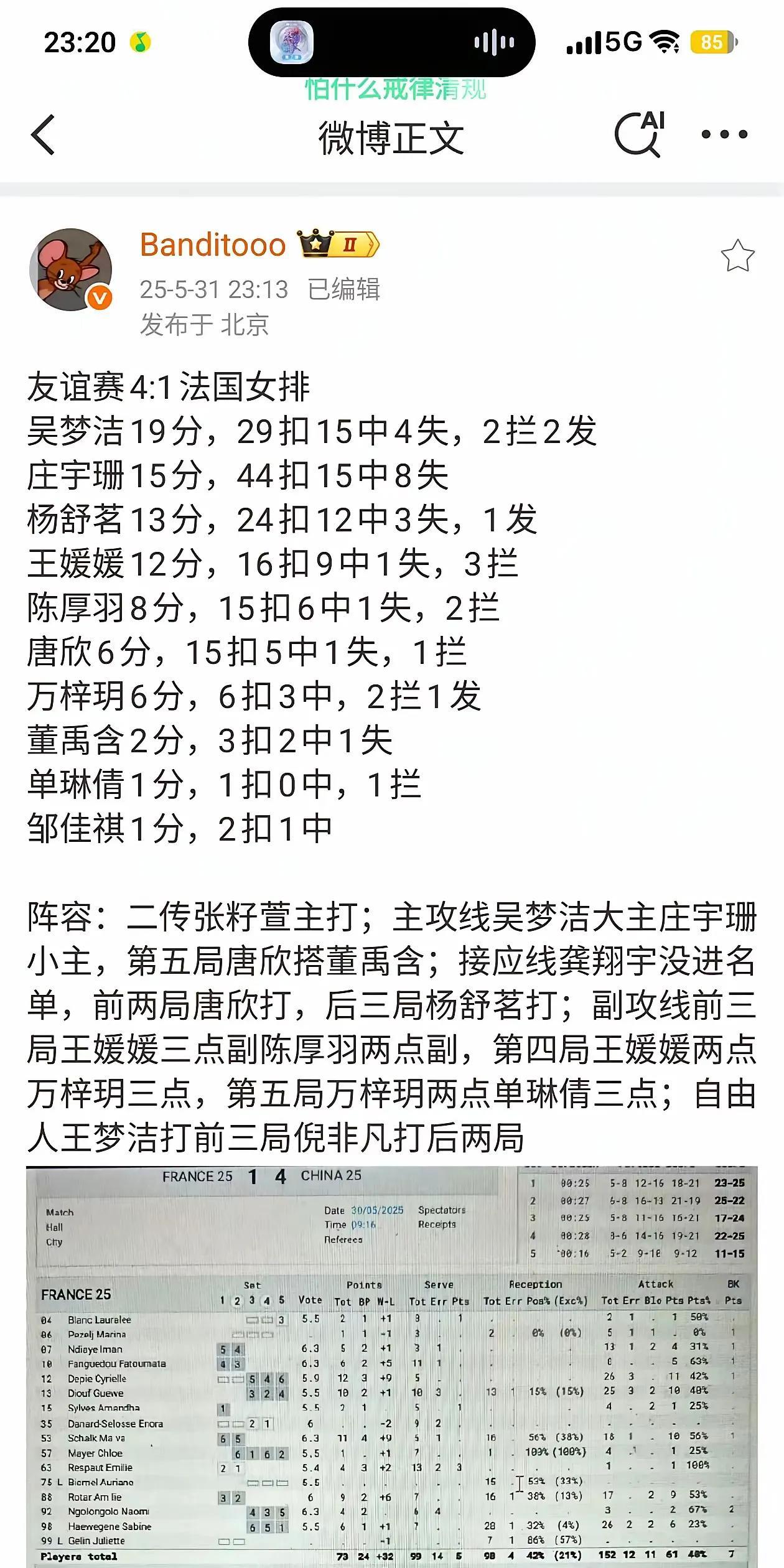 庄宇珊、唐欣被抹黑就发生在世联赛北京开始前那一场所谓的中法热身赛数据记