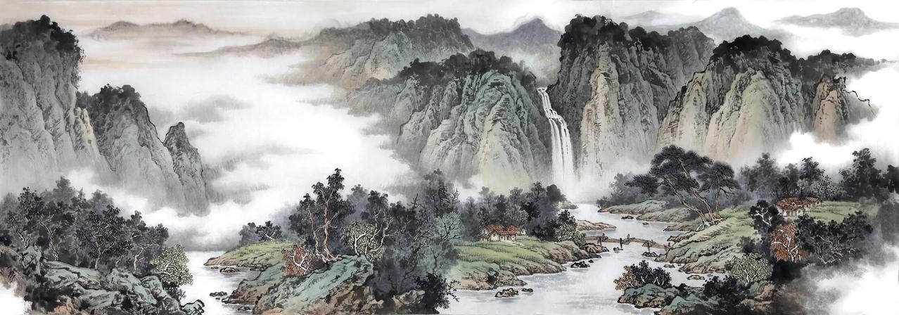 云山泉鸣。写意山水意境山水画中国写意山水国画山水韵一幅浓缩的山水画