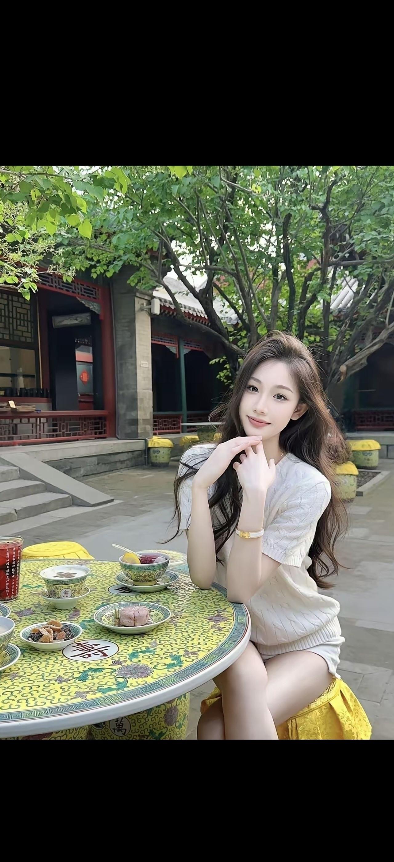 小姐姐在古风建筑前享用下午茶。