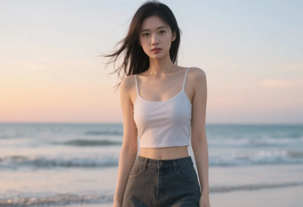 走过沙滩的她，留下的是脚印和心动的瞬间