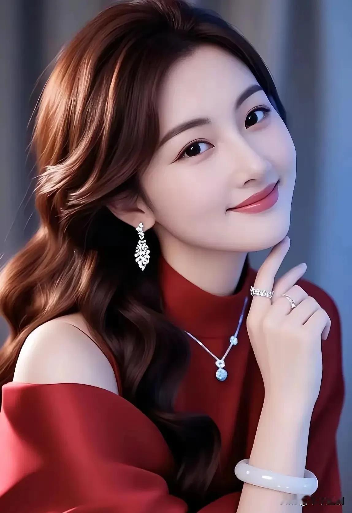 酒红裙裾裹着明艳，耳坠的碎光蹭过卷发尾。玉镯衬得腕子愈软，指尖轻抵下颌时，连笑意