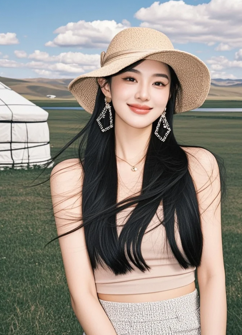 清晨薄雾中的草原美女，与大自然融为一体