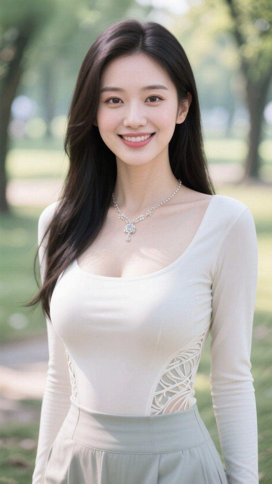 浅柔沐春光绿意漫开的林间，她笑意盈盈而立，一身浅杏色上衣衬着清浅的灰绿下装