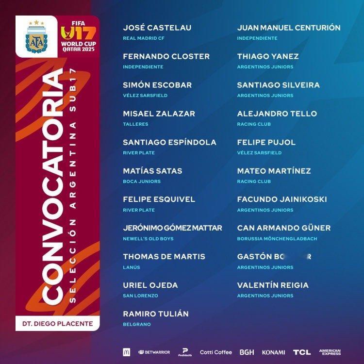 🇦🇷阿根廷国家队公布参加u17世界杯大名单及阿根廷u17小组赛赛程：D组