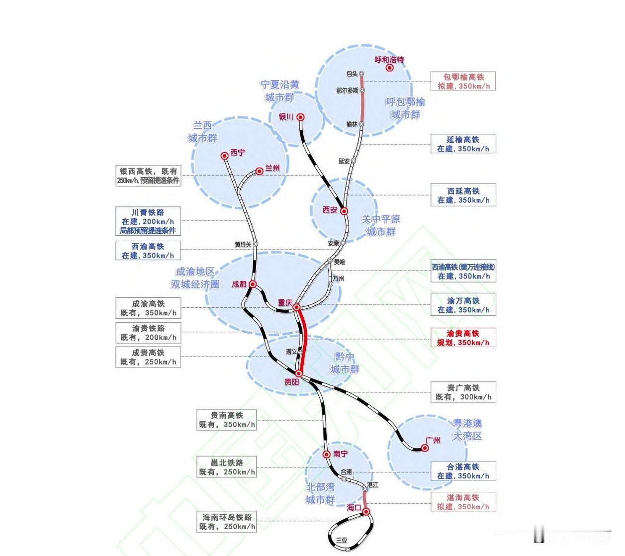 从这张图来看，贵阳其实才是西南地区的铁路枢纽目前，成渝地区南下的列车，无论是