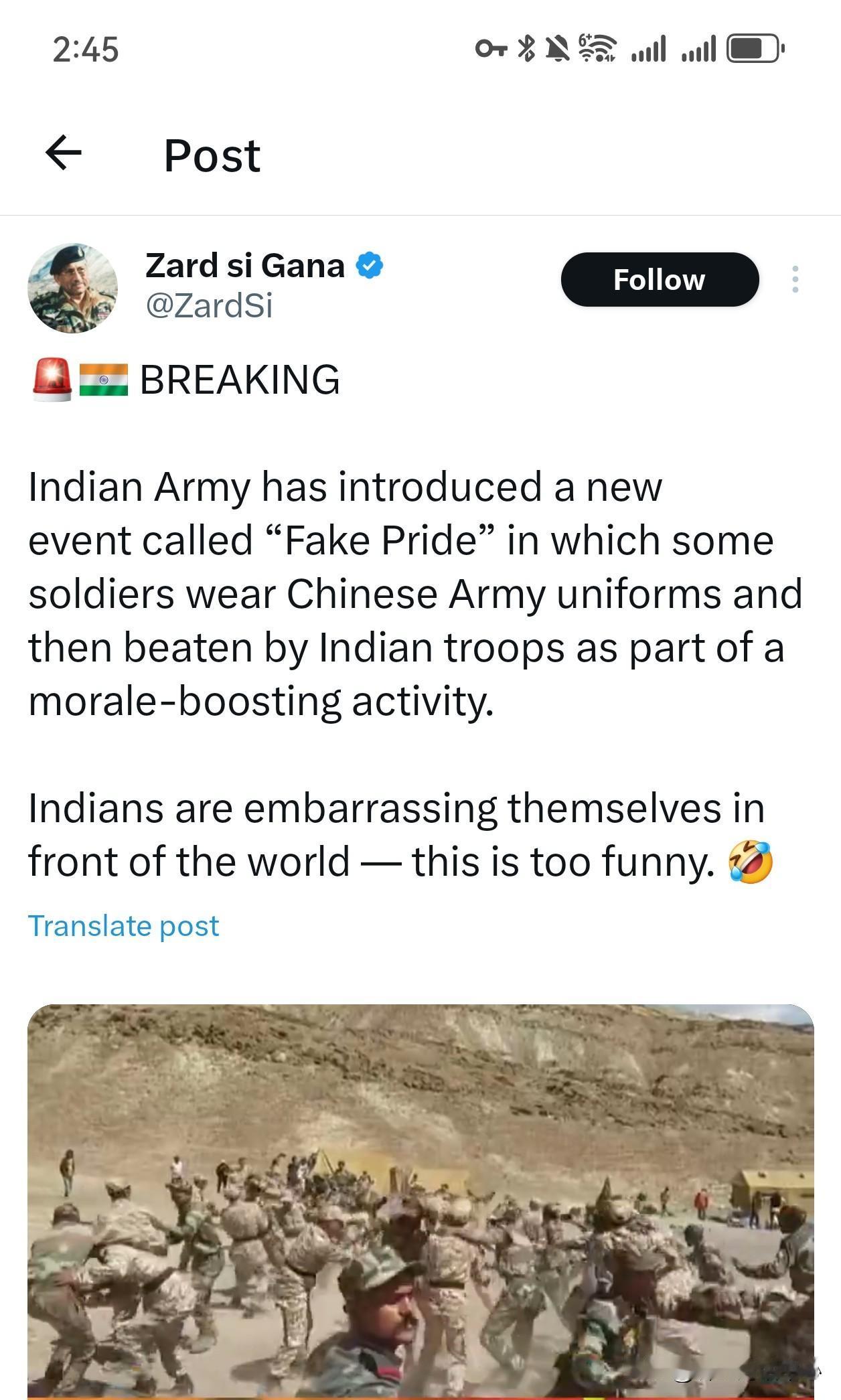 印度军队推出了一项名为"假骄傲"的新活动，一些士兵穿上中国军队的制服，然后被