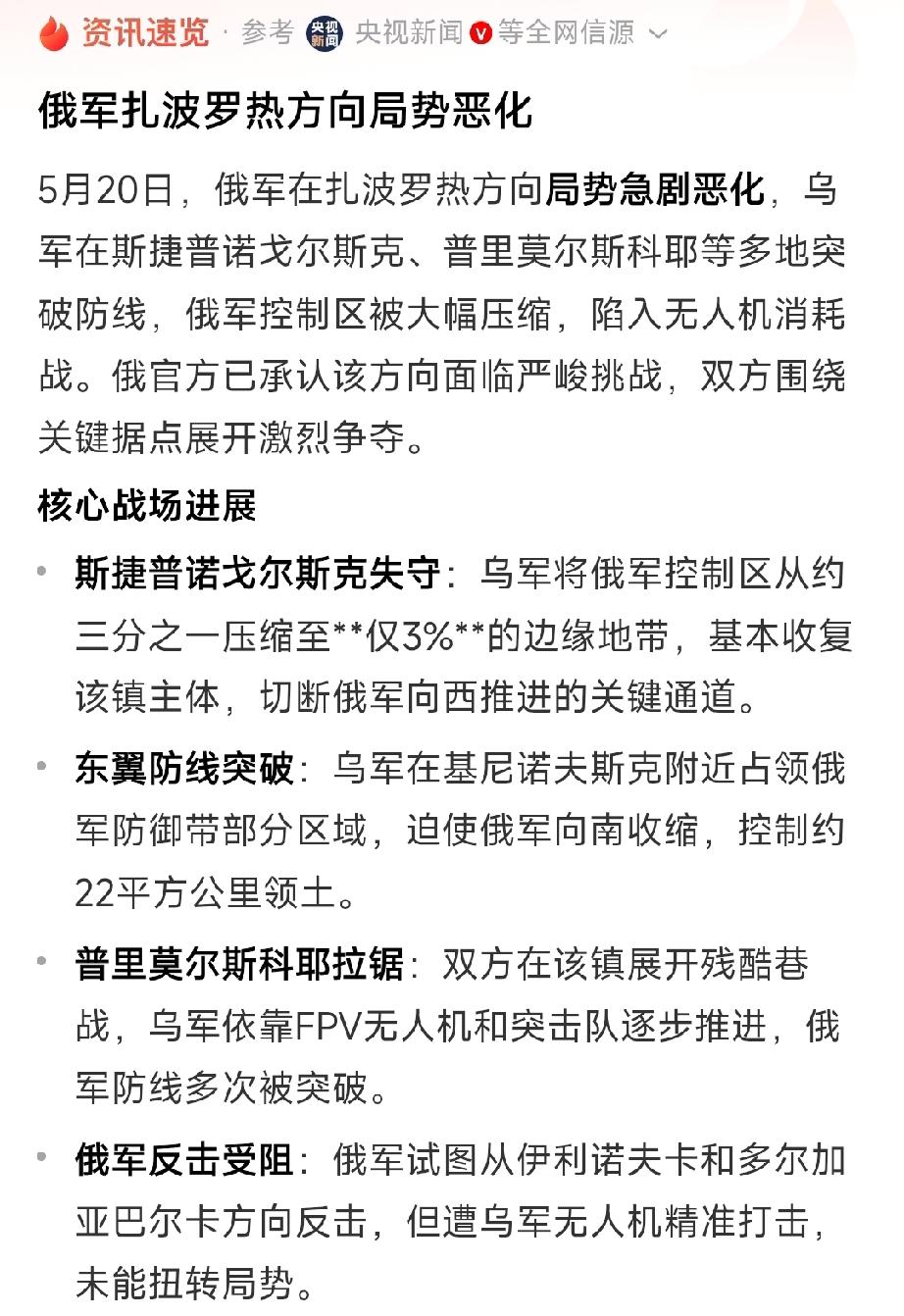 俄罗斯出现开战以来最大败仗！5月20日仅一天时间，乌军就将俄军控制的扎波罗