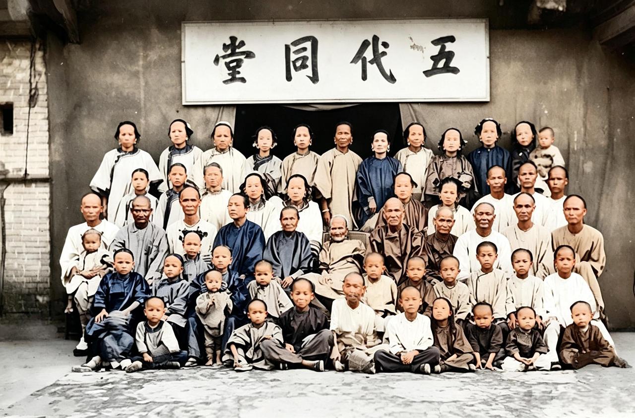 这是百年前五世同堂大家族中六十口人聚在一起。可五世同堂六十口人并不是最多的。五世