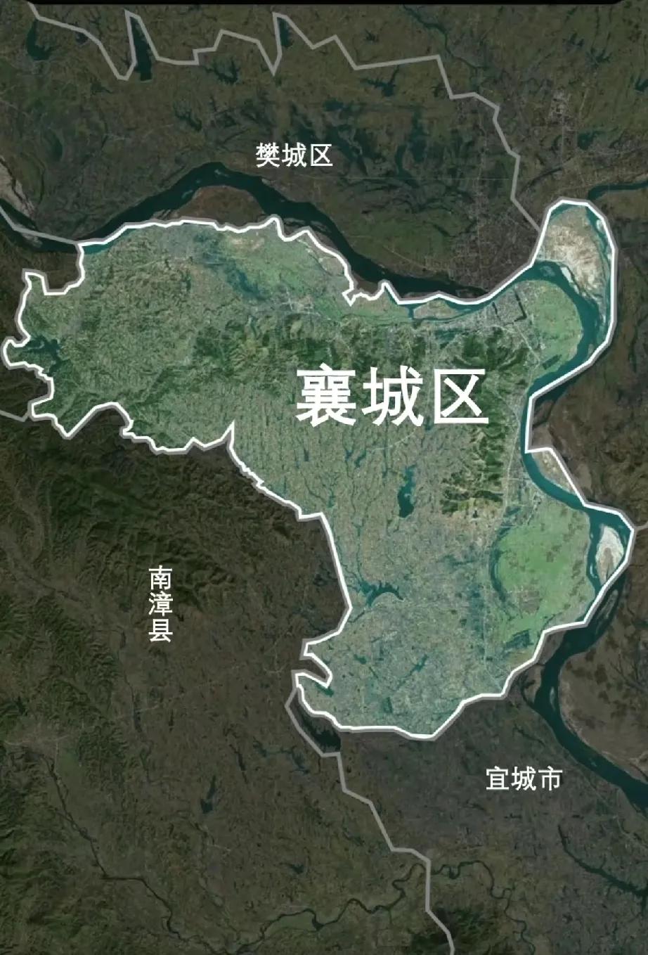 襄城区行政地图，地处汉江南岸，一共有六个街道办事处和2个镇以及1个乡。鱼梁洲只