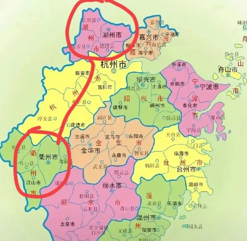 原来湖州和衢州中间正好隔了一个杭州市，这样的地理位置真是太有意思了，两地距离是3