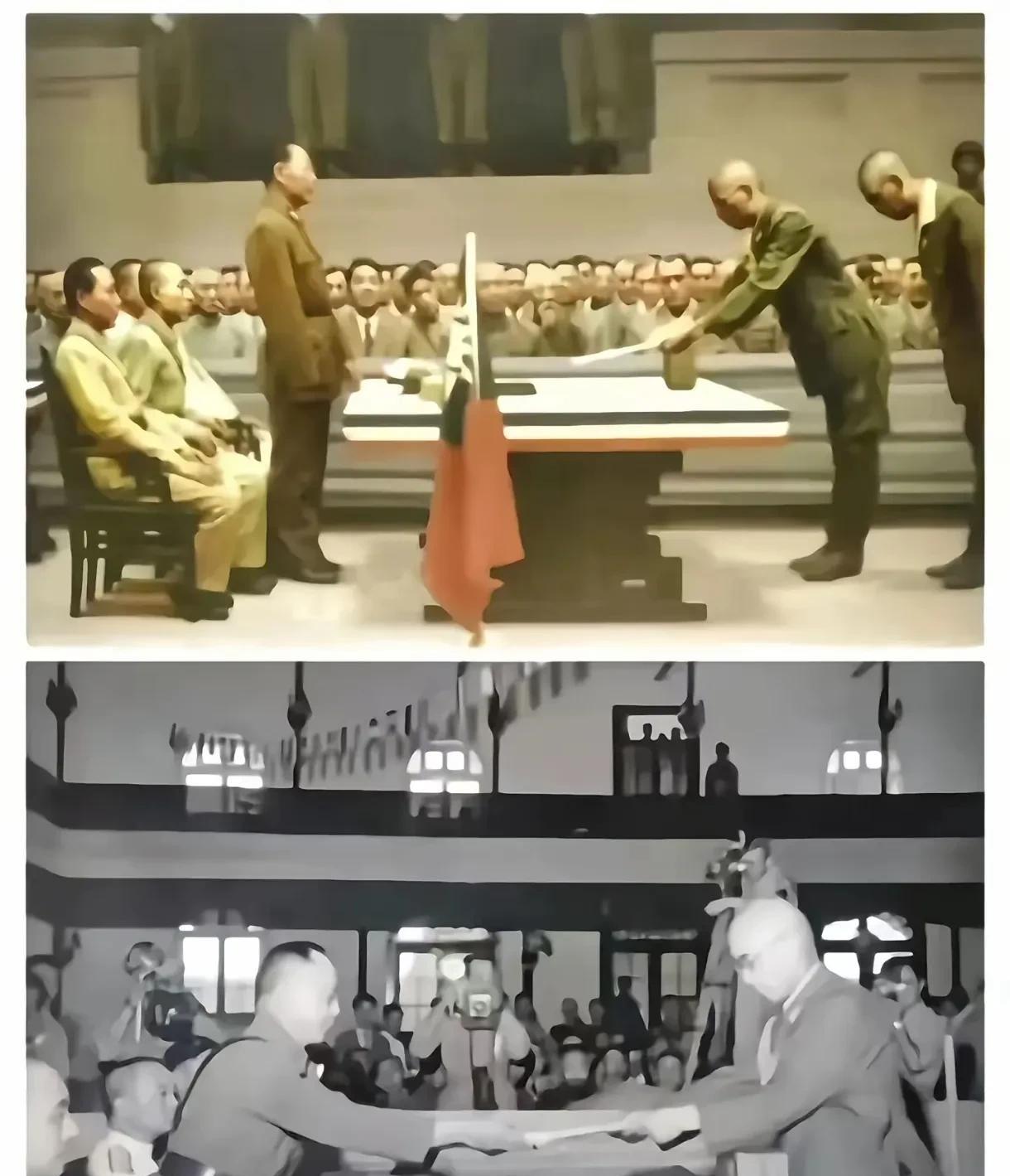 弯腰双手接降书？日本递交降书的画像与实际的场景有很大的差别。从画像中看，何应钦站