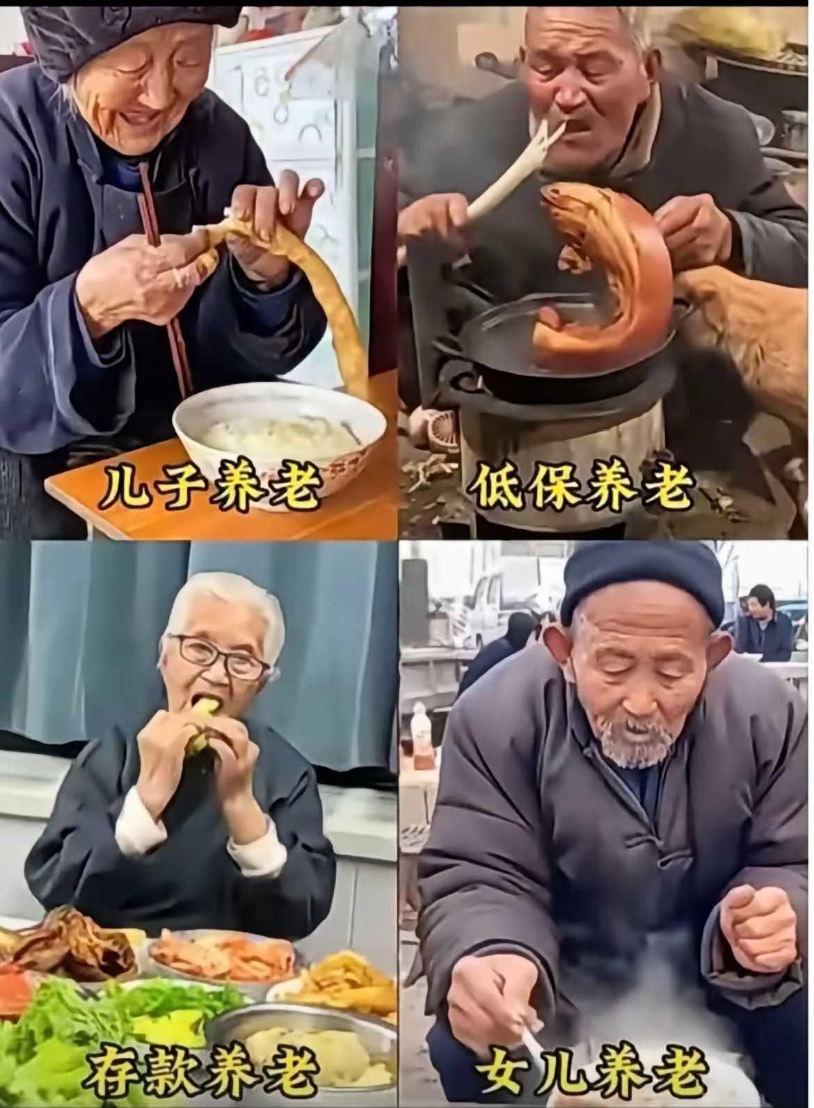 很有意思的一幅图，四种养老模式：1、儿子养老，吃的是粗茶淡饭2、低保养老，能
