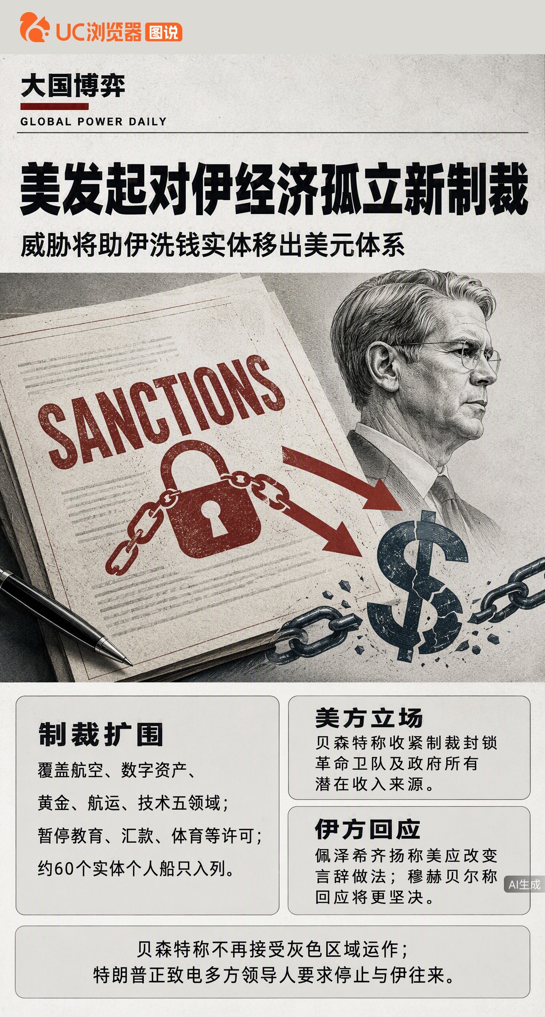 美国宣布对伊朗新一轮制裁，范围扩至航空、数字资产等5大领域。贝森特放话：敢帮伊朗洗钱就移出美元体系。