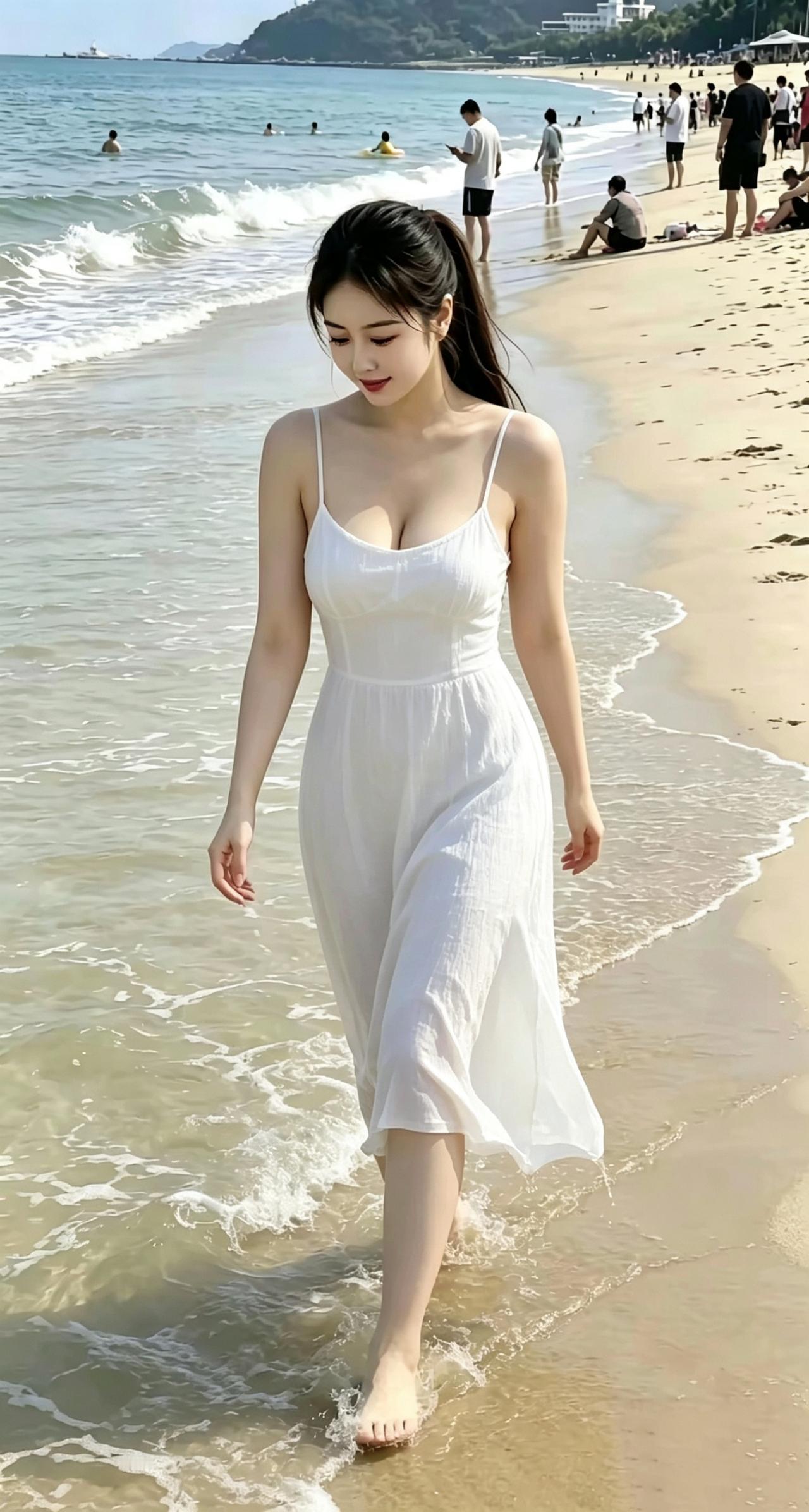 《踏浪》白裙轻拂过浅滩，马尾扬起夏日的风。浪尖漫过脚边沙，把心事揉进