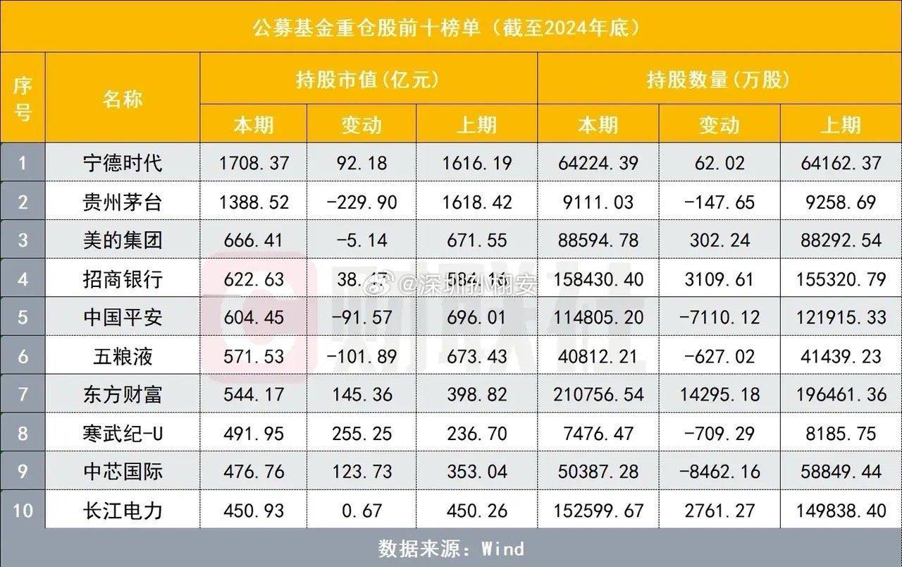 公募基金前十大重仓股出炉，宁德时代占据榜首，贵州茅台退居次席。1.宁德时代，持股