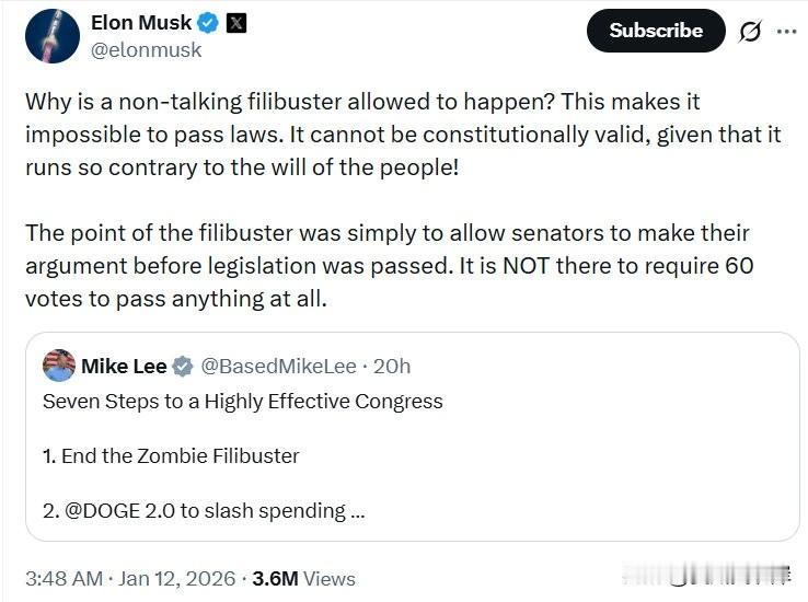 马斯克：为什么允许“非发言式”阻挠议事（filibuster）存在？这让立法寸步