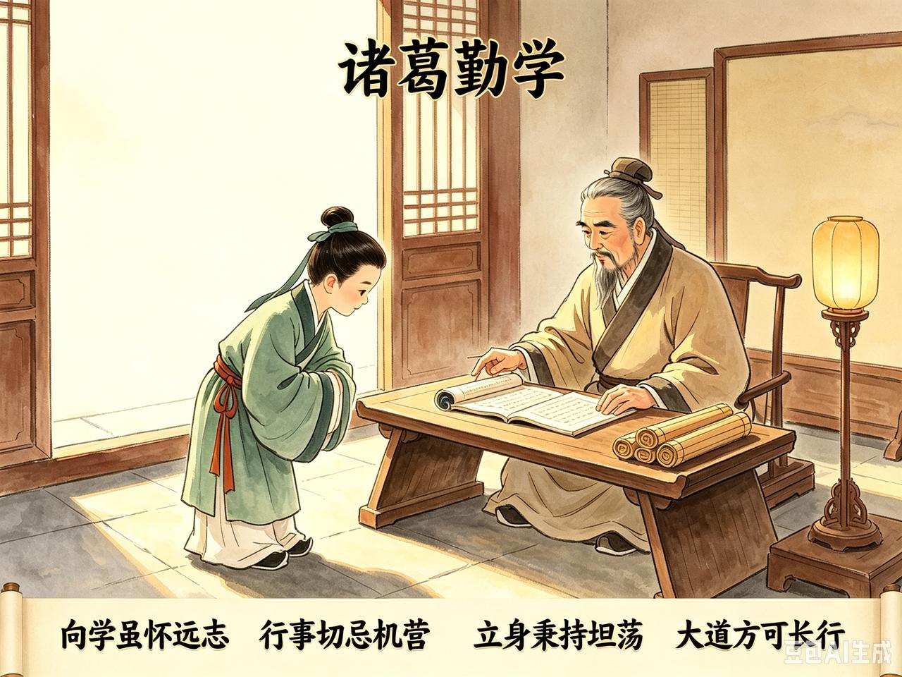 小故事：诸葛勤学少年诸葛孔明，拜师水镜先生，先生治学严谨，宣