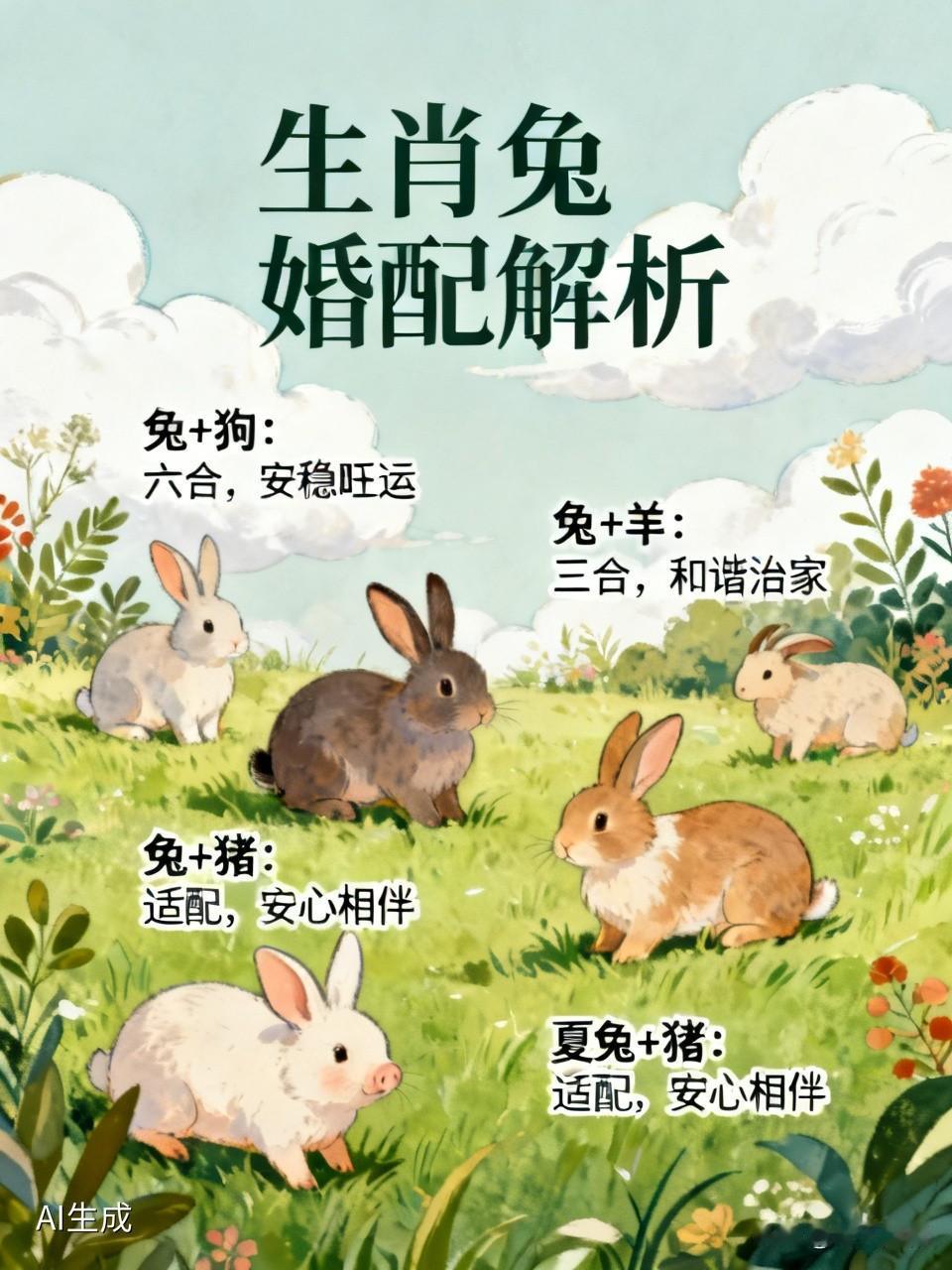 十二生肖里，生肖兔和不少属相都合得来。从婚配角度看，和狗、羊、猪、鼠都挺配。属