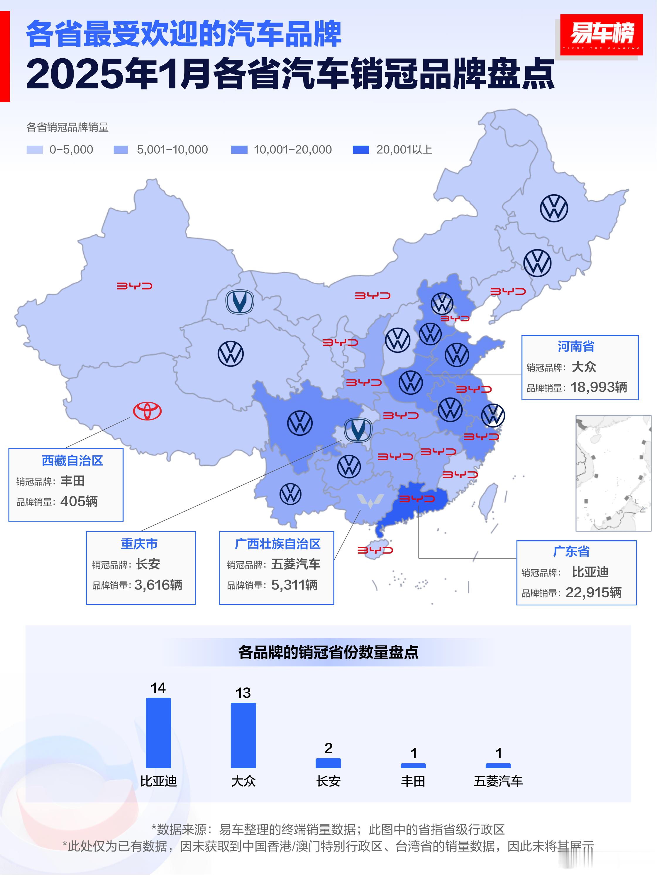 谁说燃油车不行了？2025年1月国内各省销冠汽车品牌/车型盘点出炉：比亚迪和大众