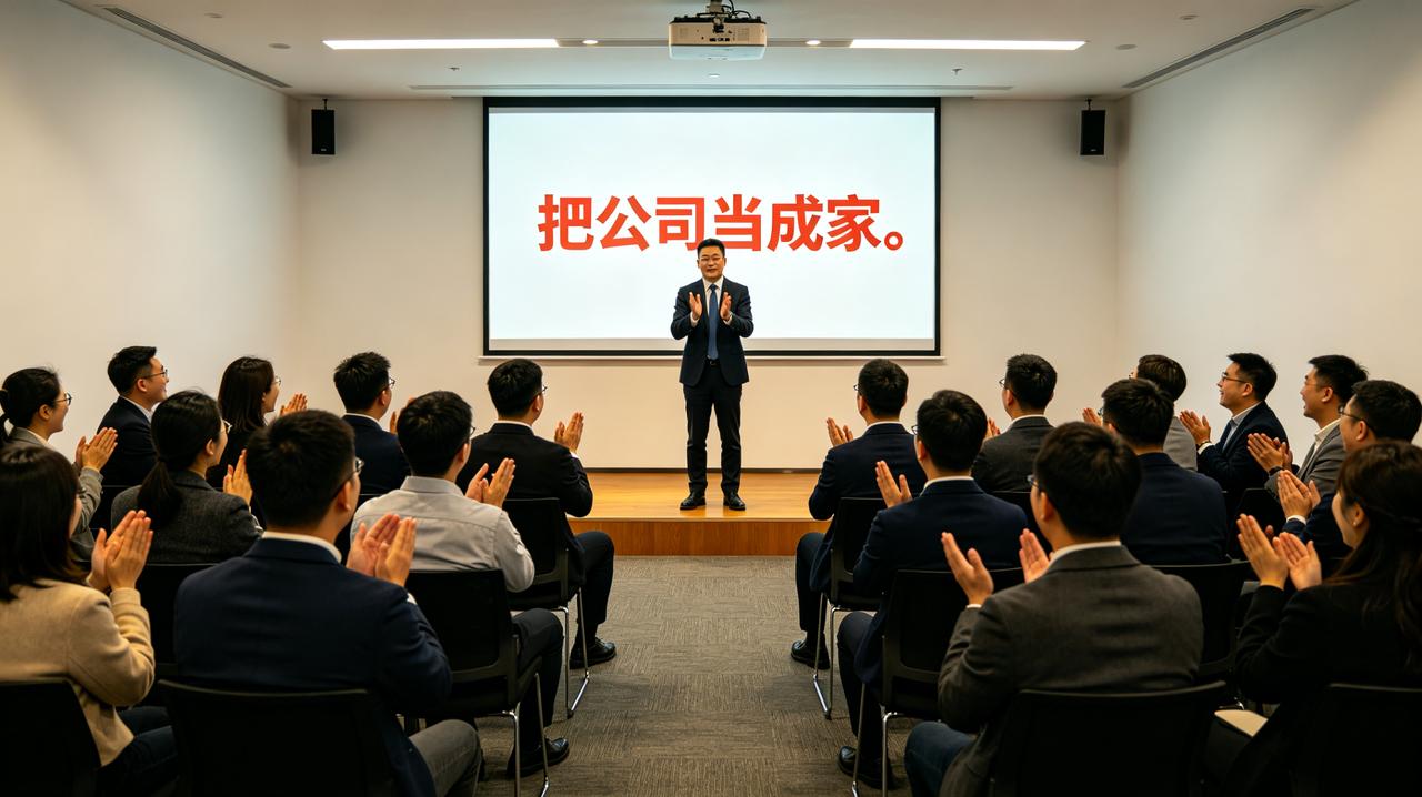 公司新员工培训，HR总监站在台上，投影仪亮着六个大字：“把公司当成家。”台下五