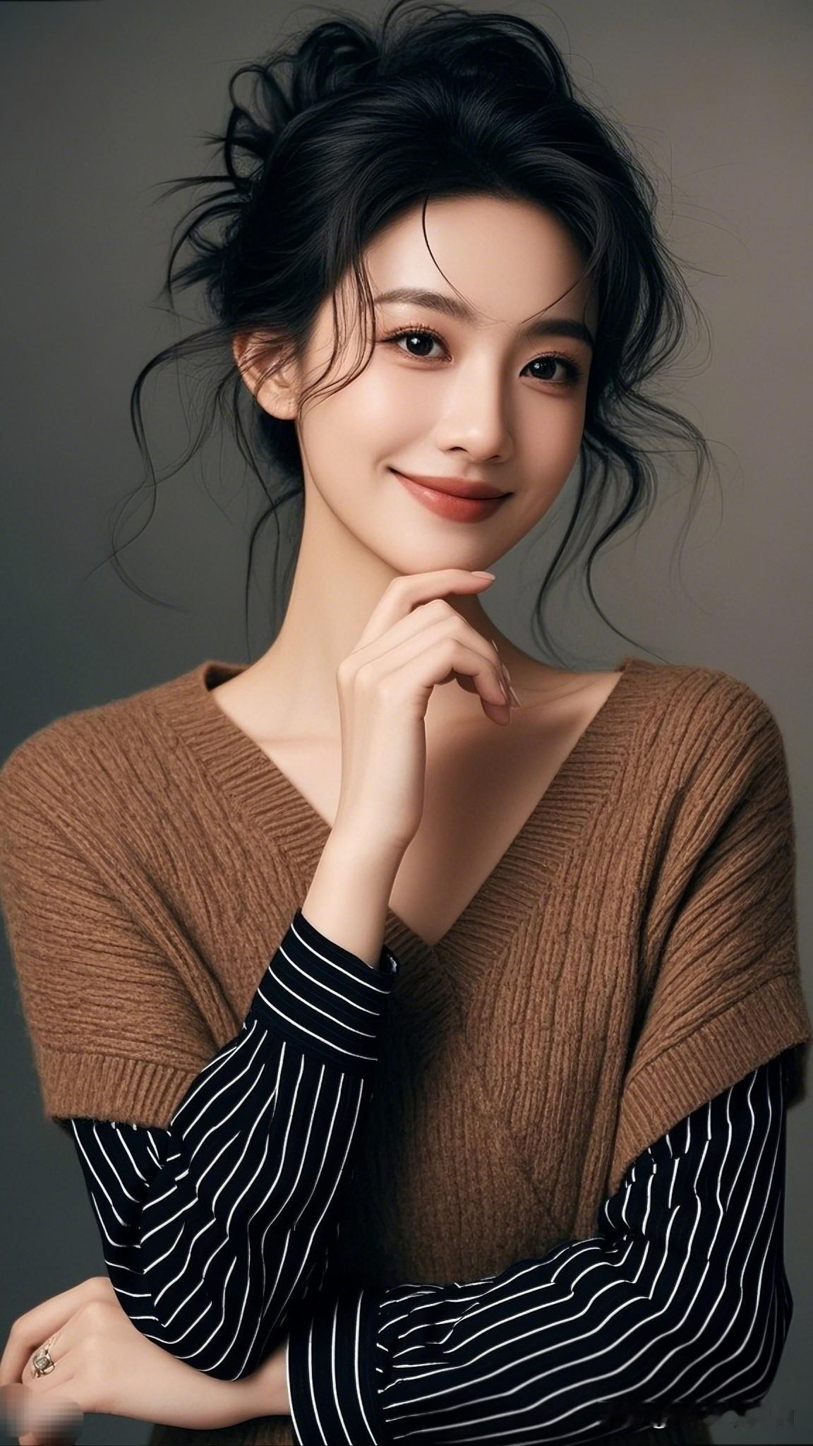 温柔甜美的微笑，慵懒随性的发型，时尚条纹内搭，轻松展现自然美！😊✨