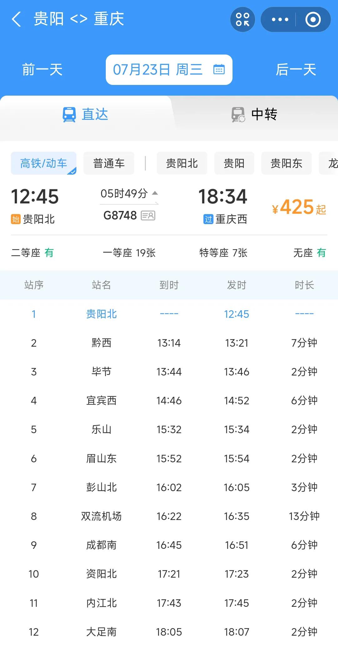 正常情况下从贵阳坐高铁到重庆大约1小时58分钟，票价是139元。可是有些时候从贵
