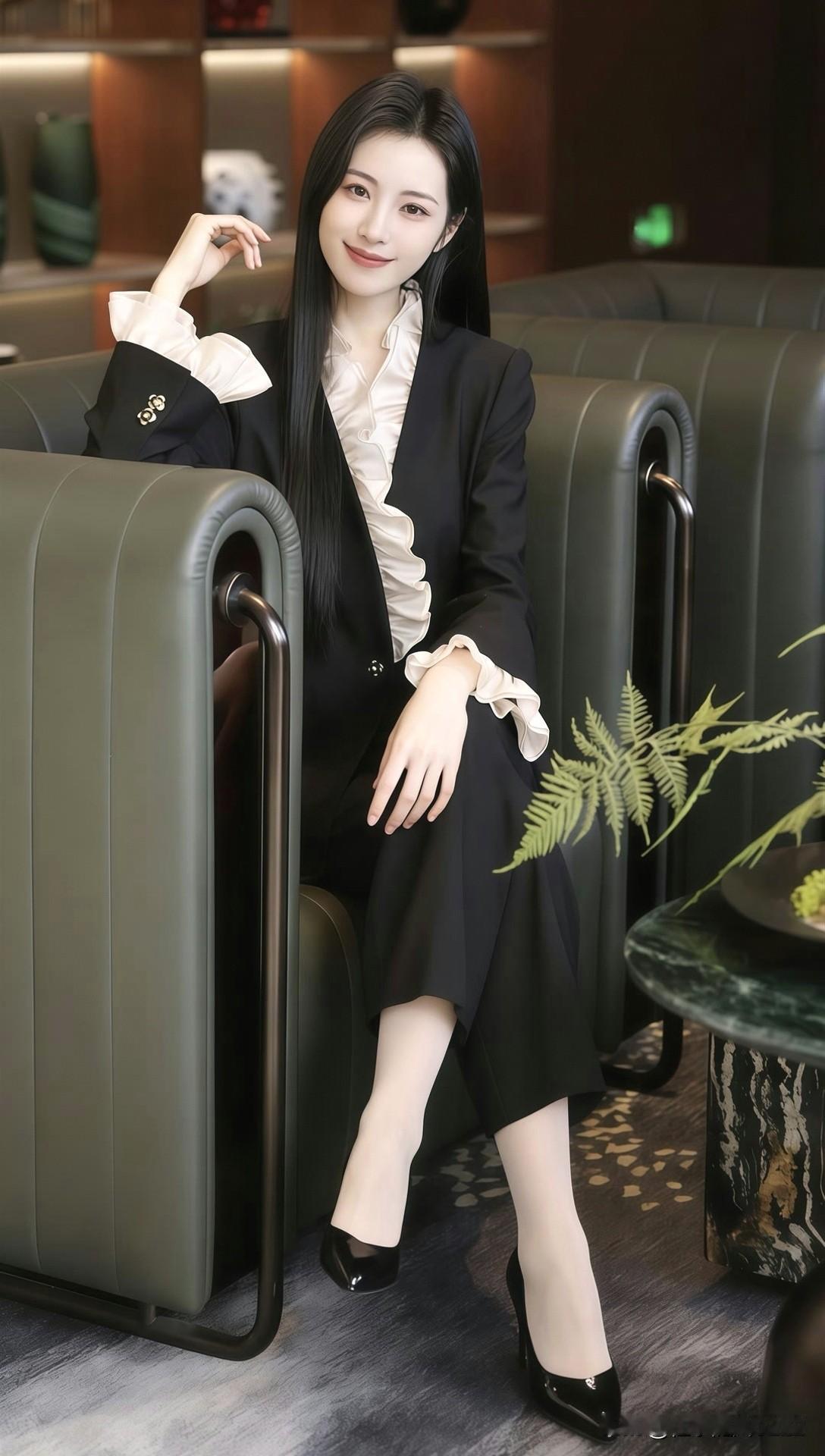 黑衣美人坐，绿植映芳姿