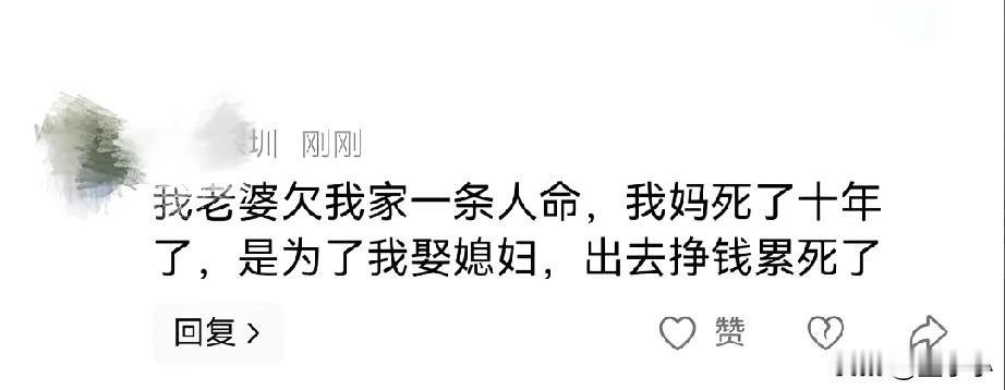 刚刚刷到一个评论挺无语的！说他老婆欠他家一条人命，原因呢是，他的妈妈为了给他娶