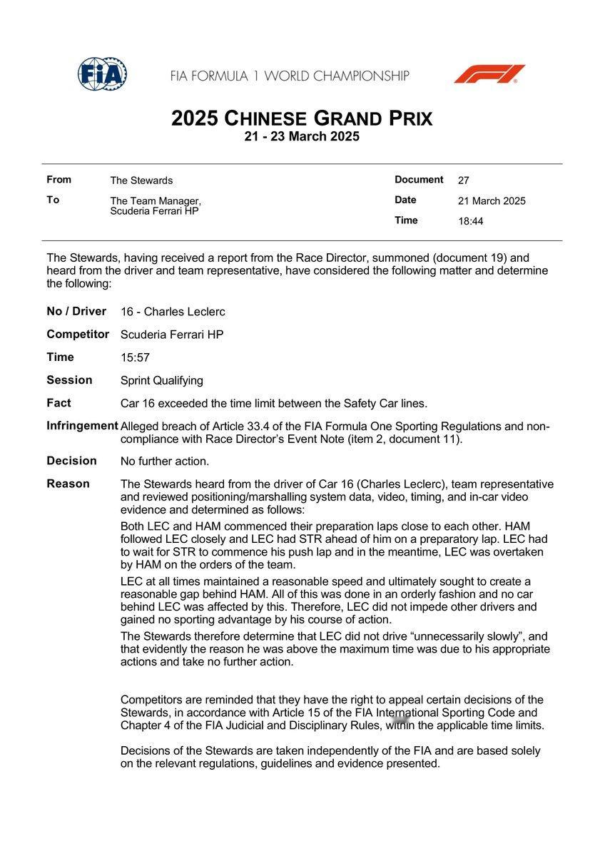 勒克莱尔违反SC2-SC1最大用时的调查没有后续动作赛会仲裁认为，勒克莱尔虽然因