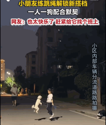 笑不活了！一小女孩在小区空地练习跳绳，她家的小狗则乖巧地蹲在一旁。神奇的一幕发生