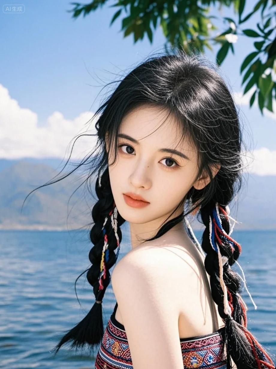 藏族小女孩牵着牦牛走过泸沽湖木舟，笑问：“要上船吗？”