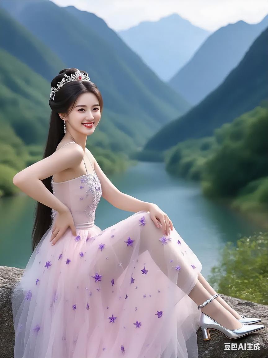 山川秀丽映美人，花影摇曳舞芳姿。古典美人韵花艳风景美山水美人图美景