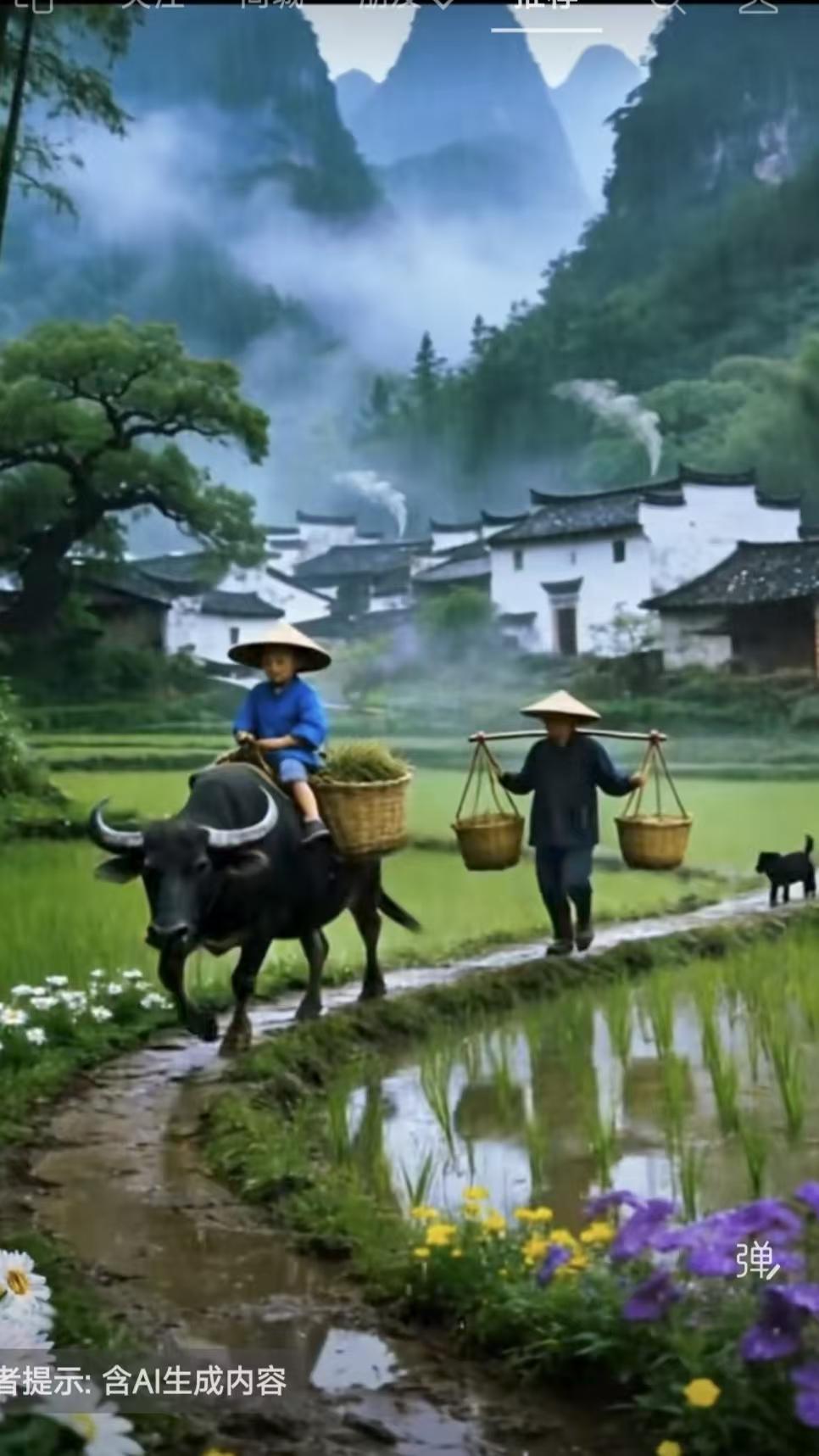 山坡羊·故乡童年白墙青嶂，黛瓦幽巷，牛童踏雨归村巷。景难忘，意悠长。此