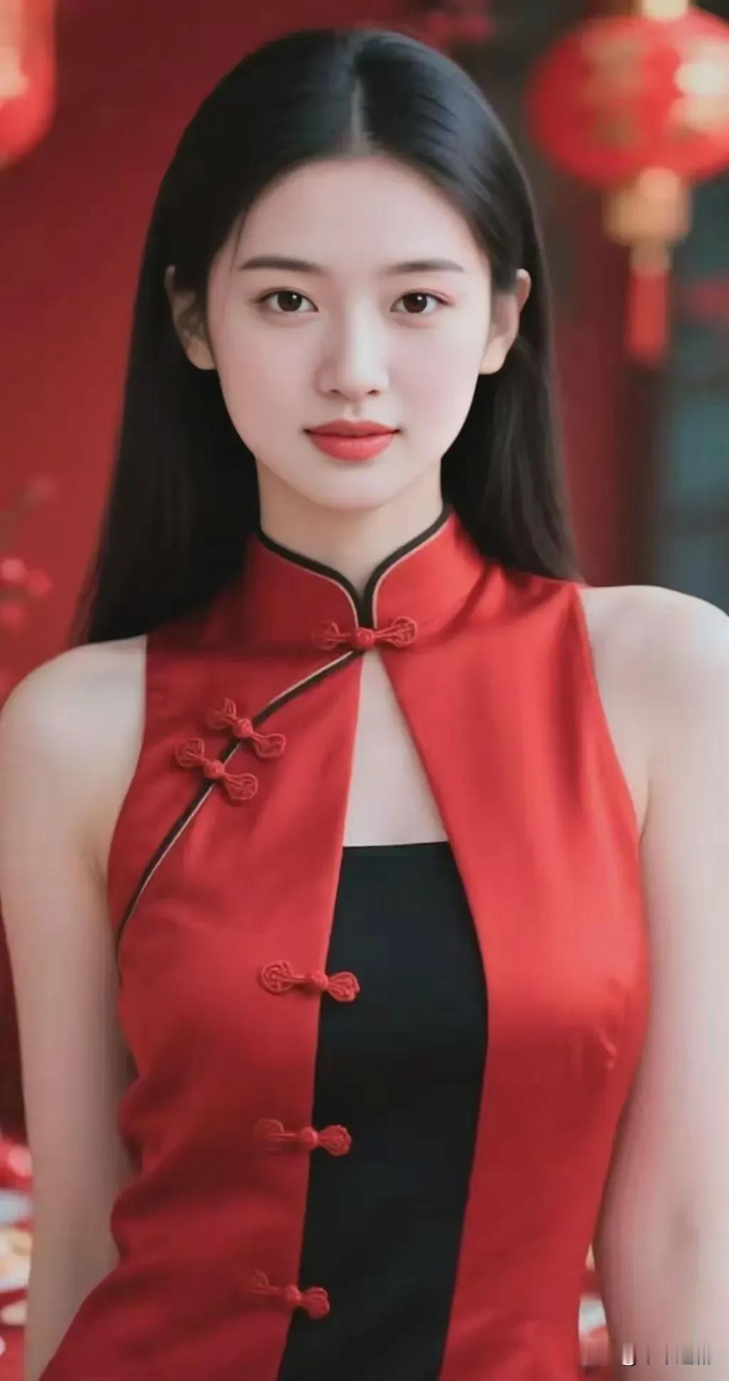 一袭红衫绾国风，青丝垂落韵雍容。灯笼影里嫣然立，满目芳华自不同。国色天姿美女