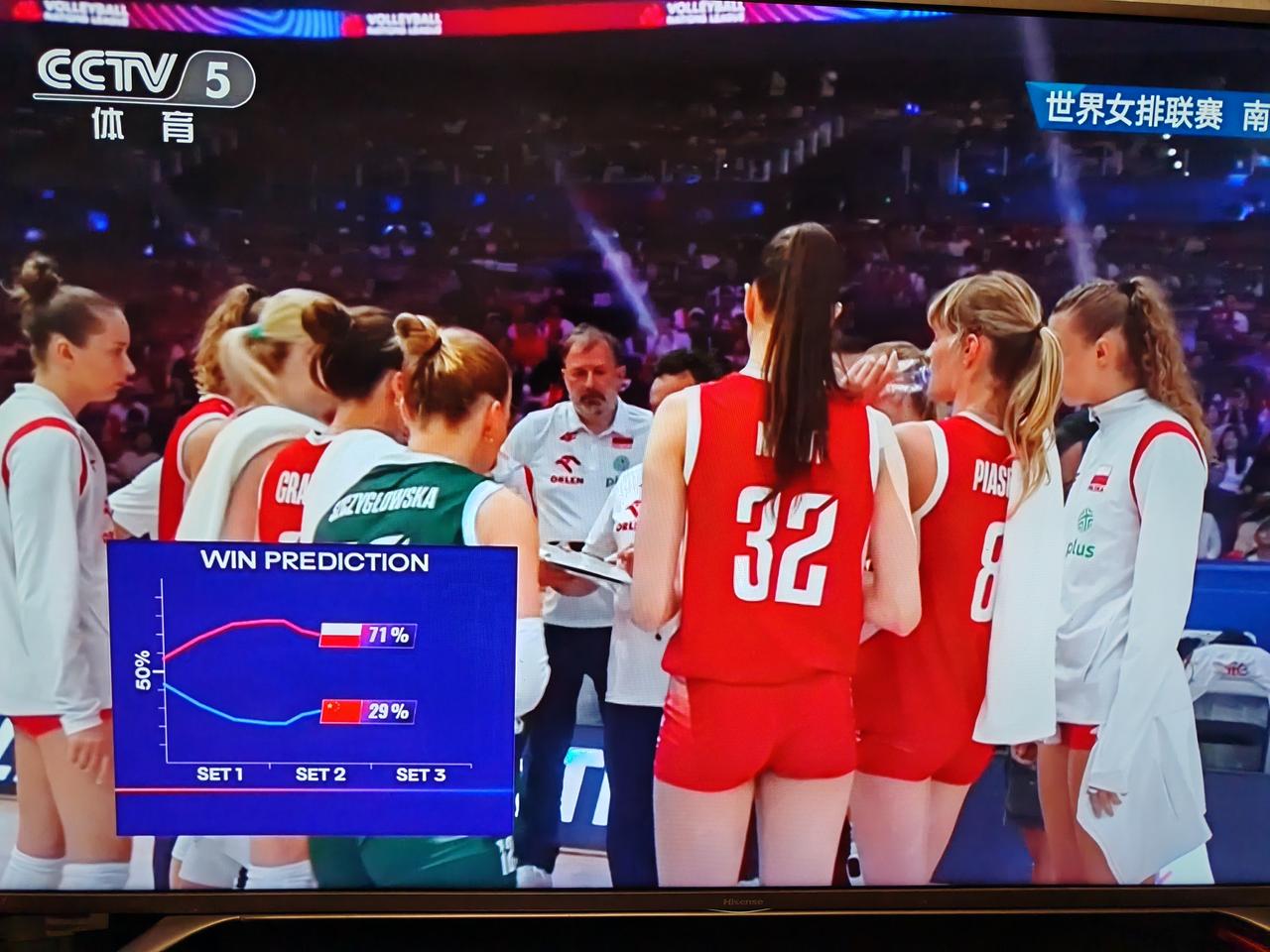 6月7号世界女排联赛南京站的比赛，中国女排对阵波兰女排，中国女排第一局一传有波动