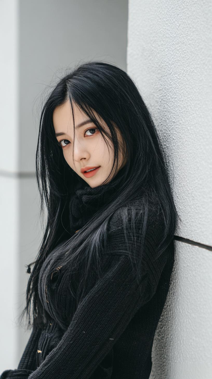 想象一下，在繁华都市的街头巷尾，一位黑发少女倚墙而立。她眼神迷离，仿佛藏着无数故