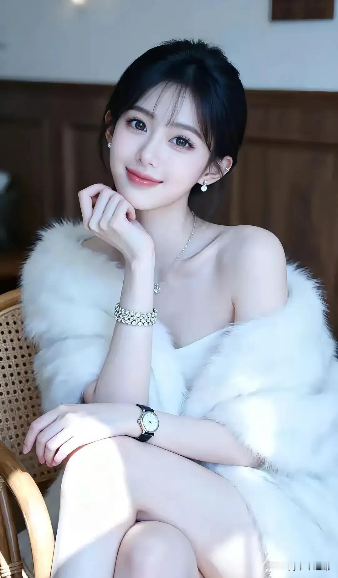 软绒裹着白裙，碎光落在腕间的钻链上。笑眼轻抬时，连空气都浸了柔润的甜。温柔