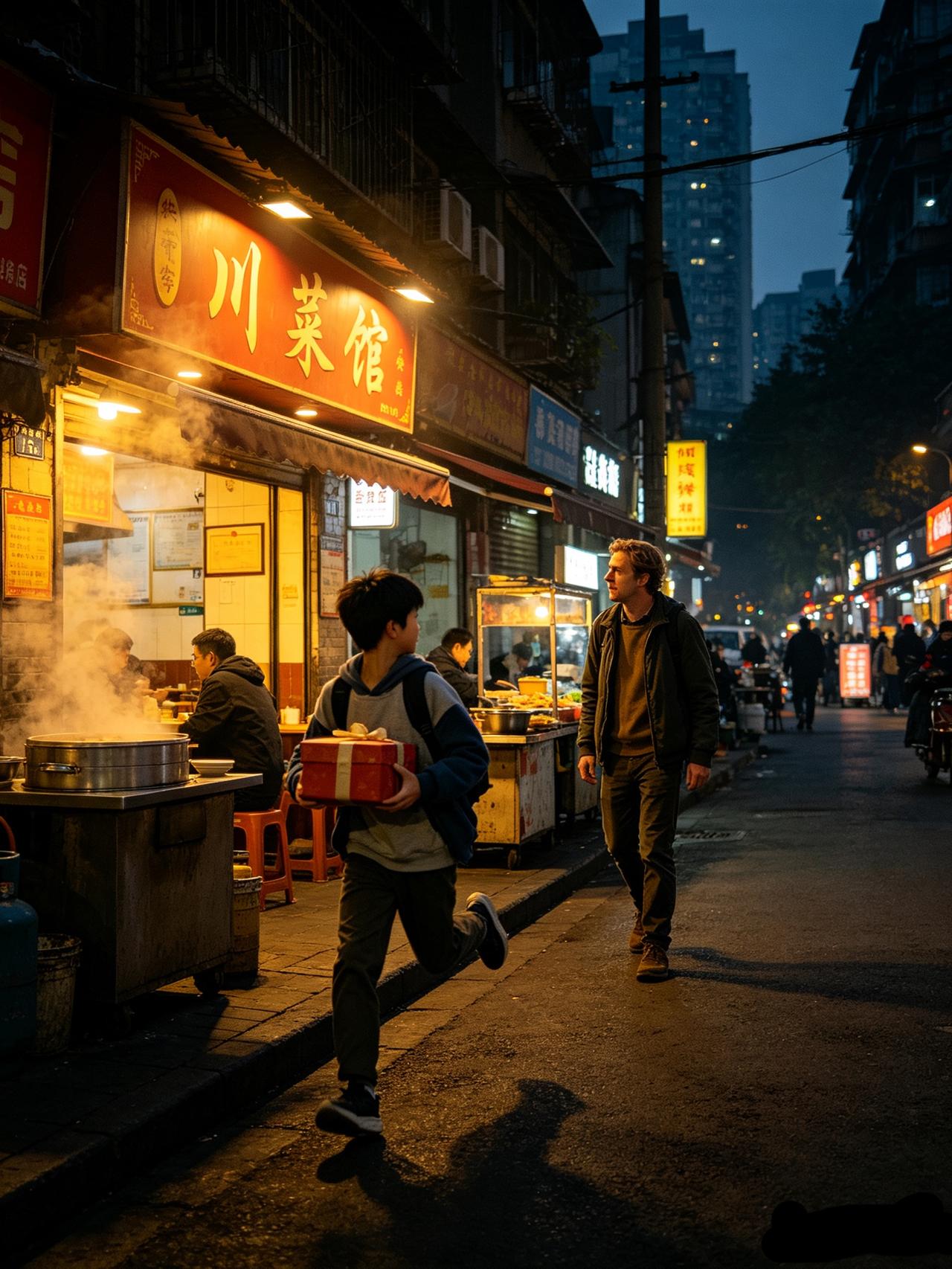深夜成都街头，巴西游客刚离店，老板儿子追出五十多米晚上十点，成都的街边小饭馆