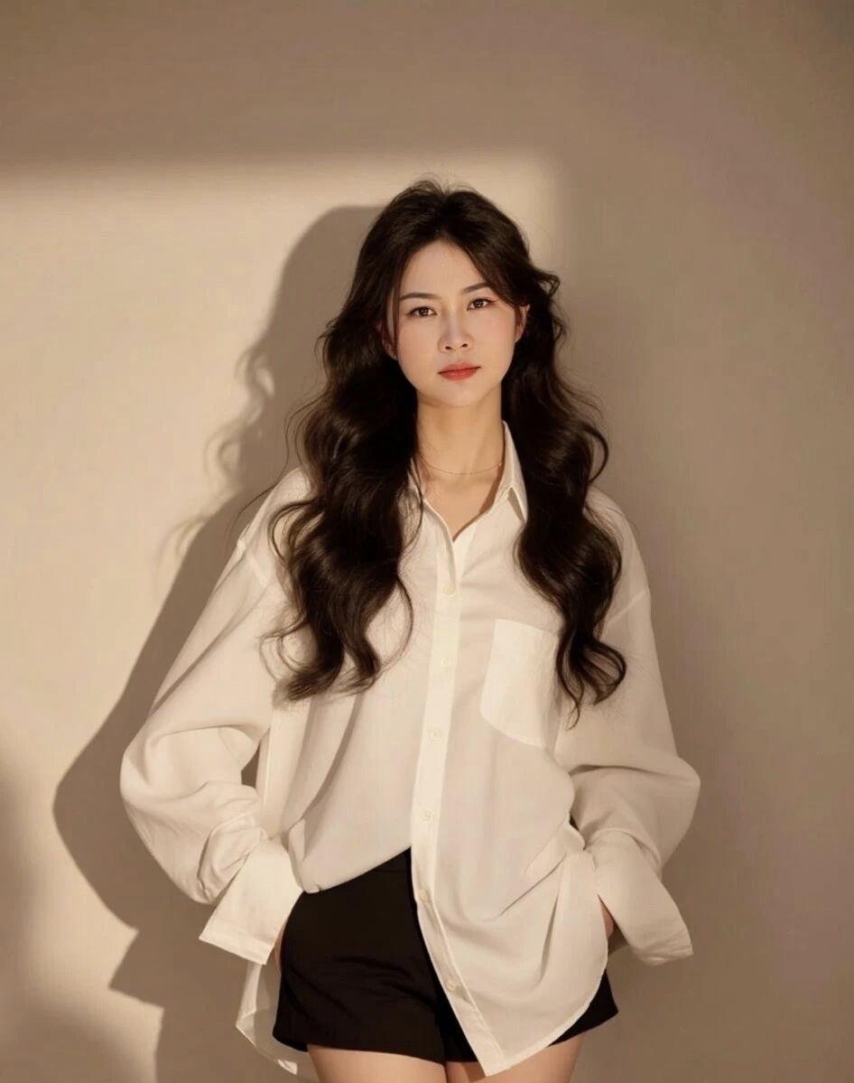 暖光裹着松弛感，白衬衫漫出几分随性的温柔，把普通日子穿成不费力的好看。